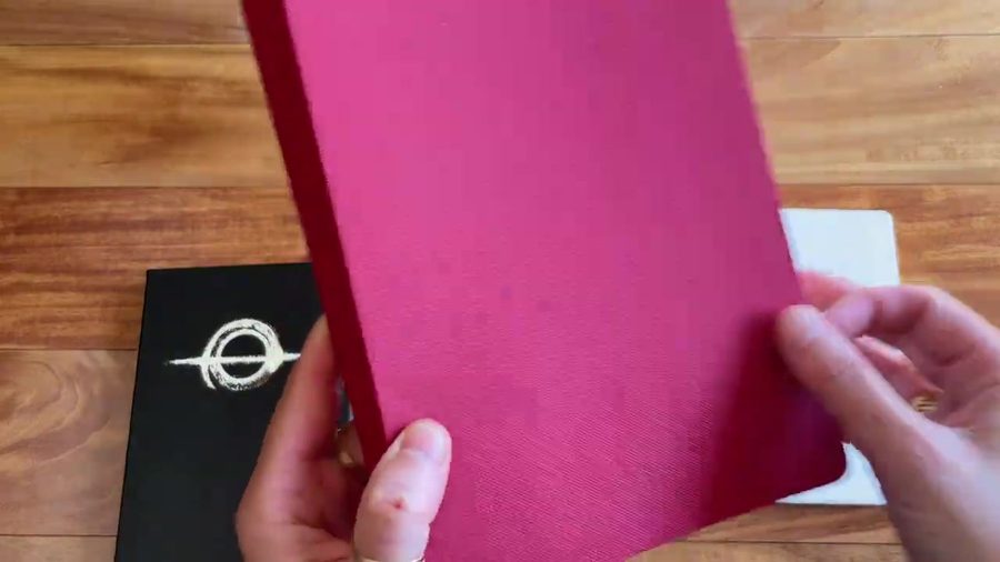 Pink Odyssey notebook cover shown in hand