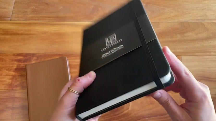 Black Leatherpress notebook cover and elastic strap detail