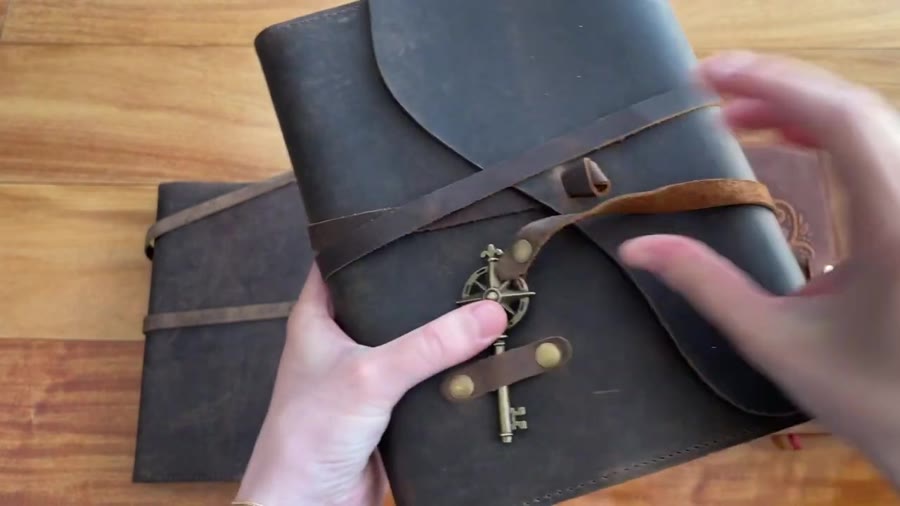 Key and compass style closure on the Nomad Crafts leather journal