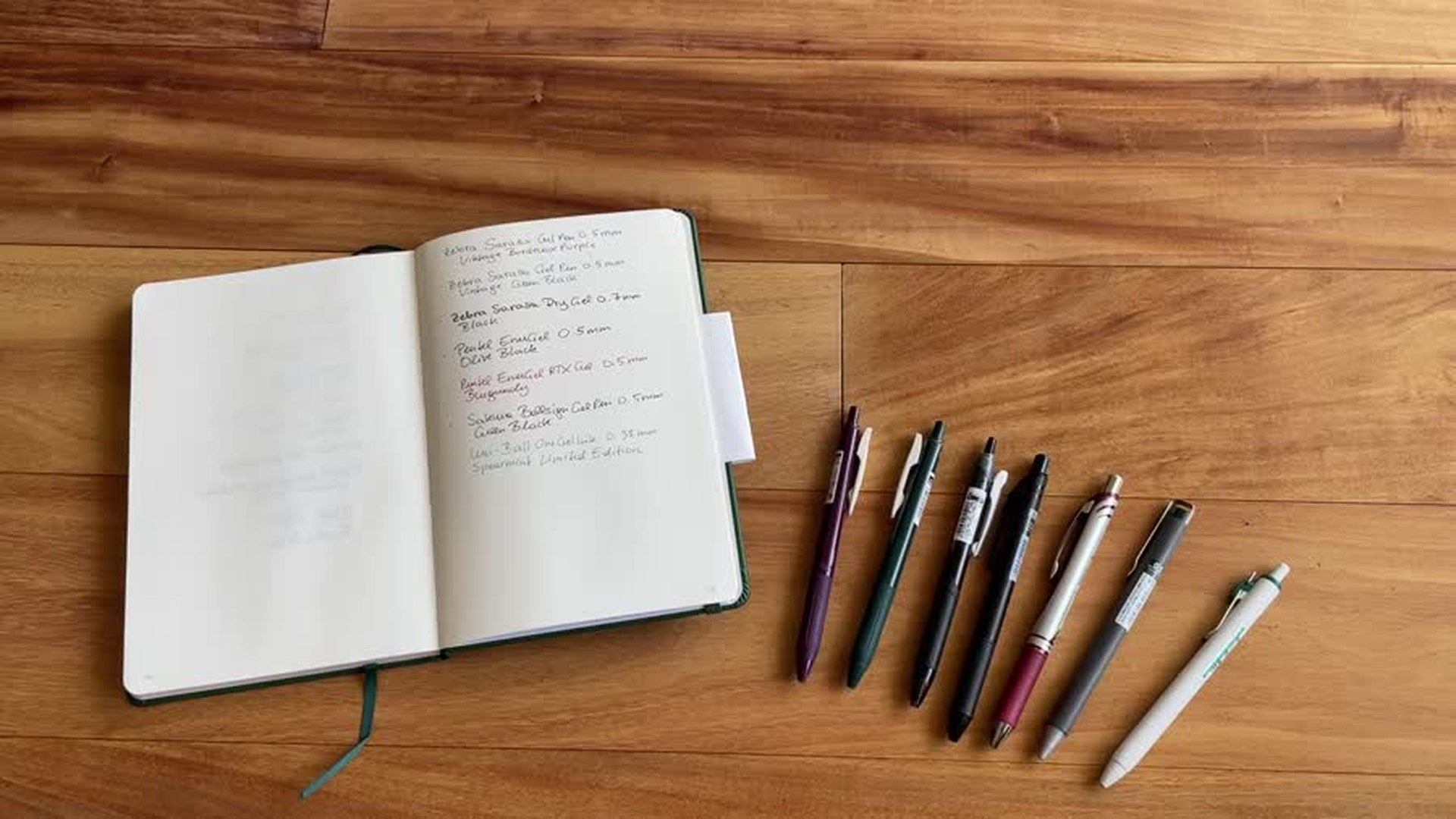 Stationery Pal Pen Haul 2 Stationery Pal pen haul overview with notebook and assorted gel pens on a wooden desk
